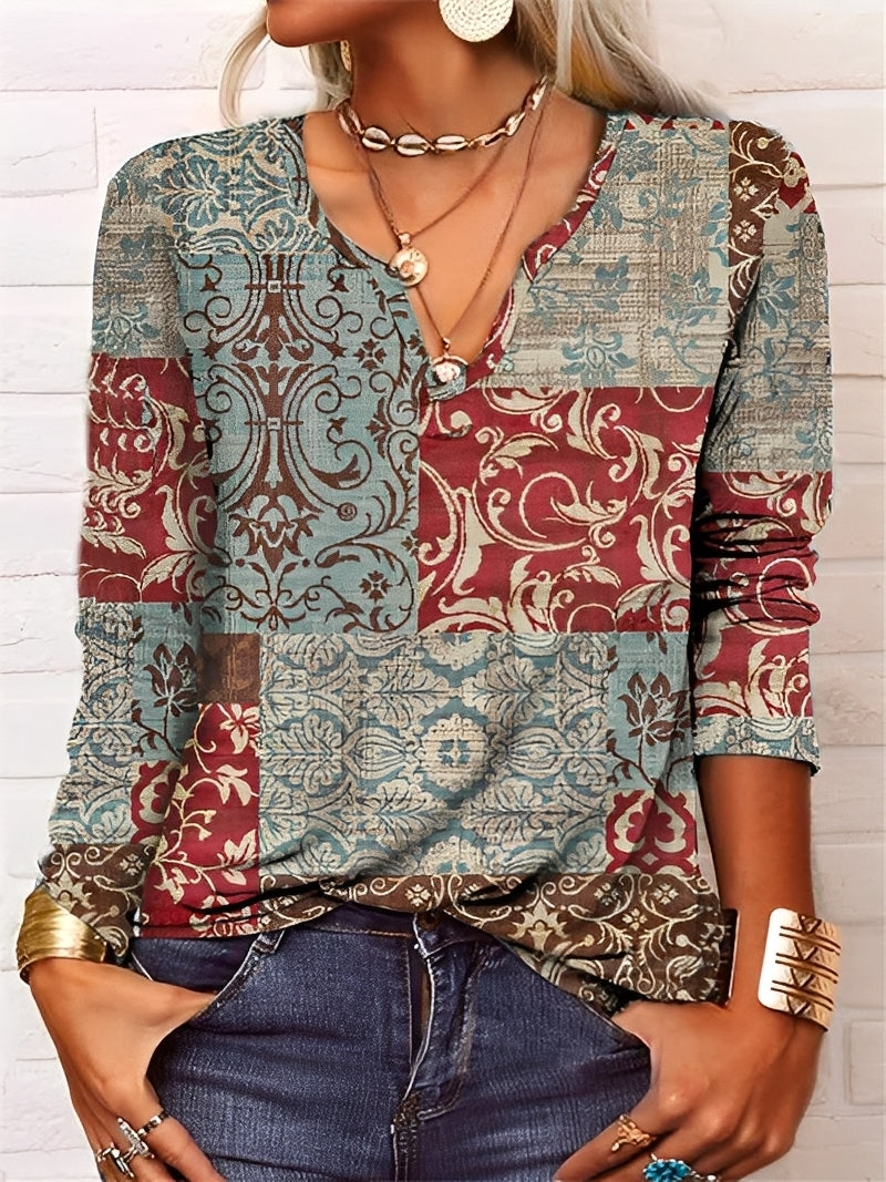 Denise - Bluza Boho cu decolteu în V și nasturi pentru femei