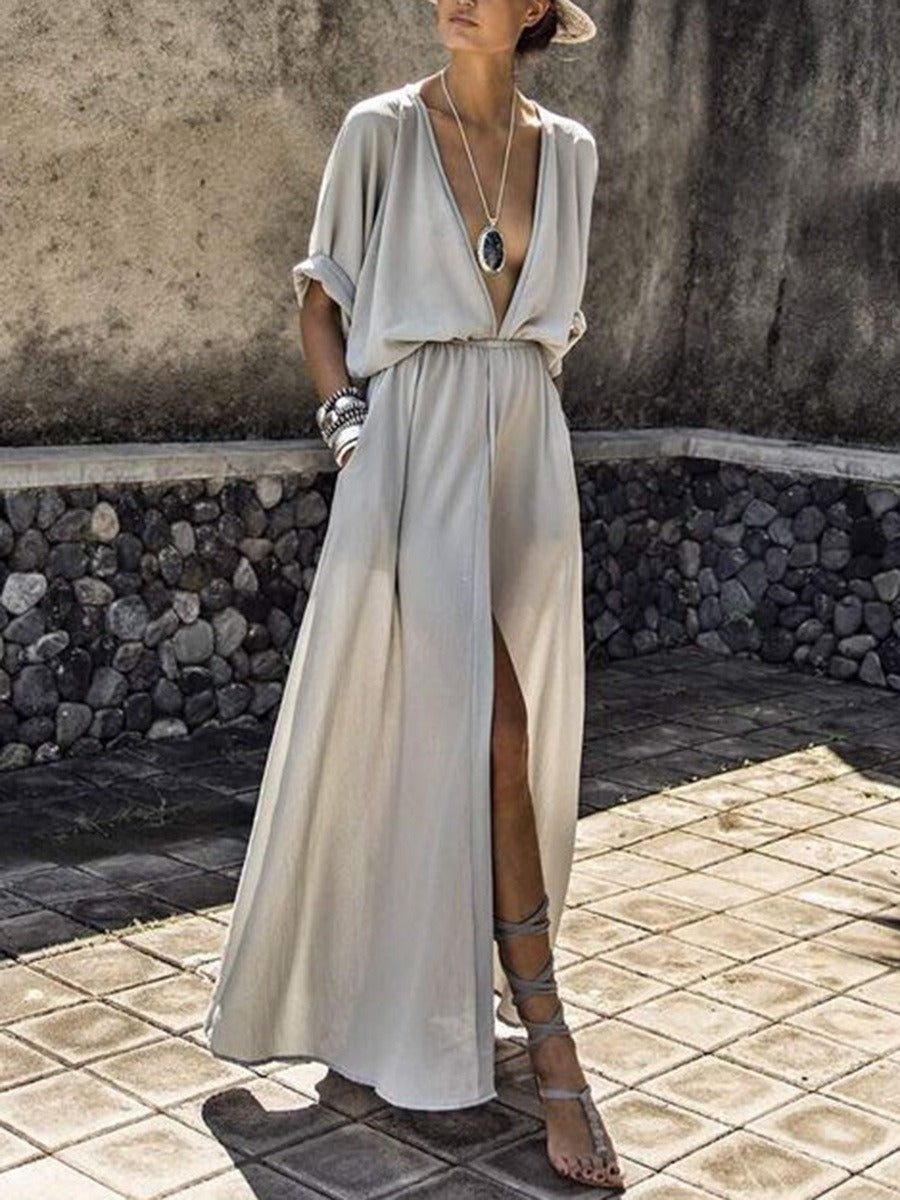Nicole - Elegantă Rochie Lungă Fluidă cu Îndrăzneață Despicare Laterală