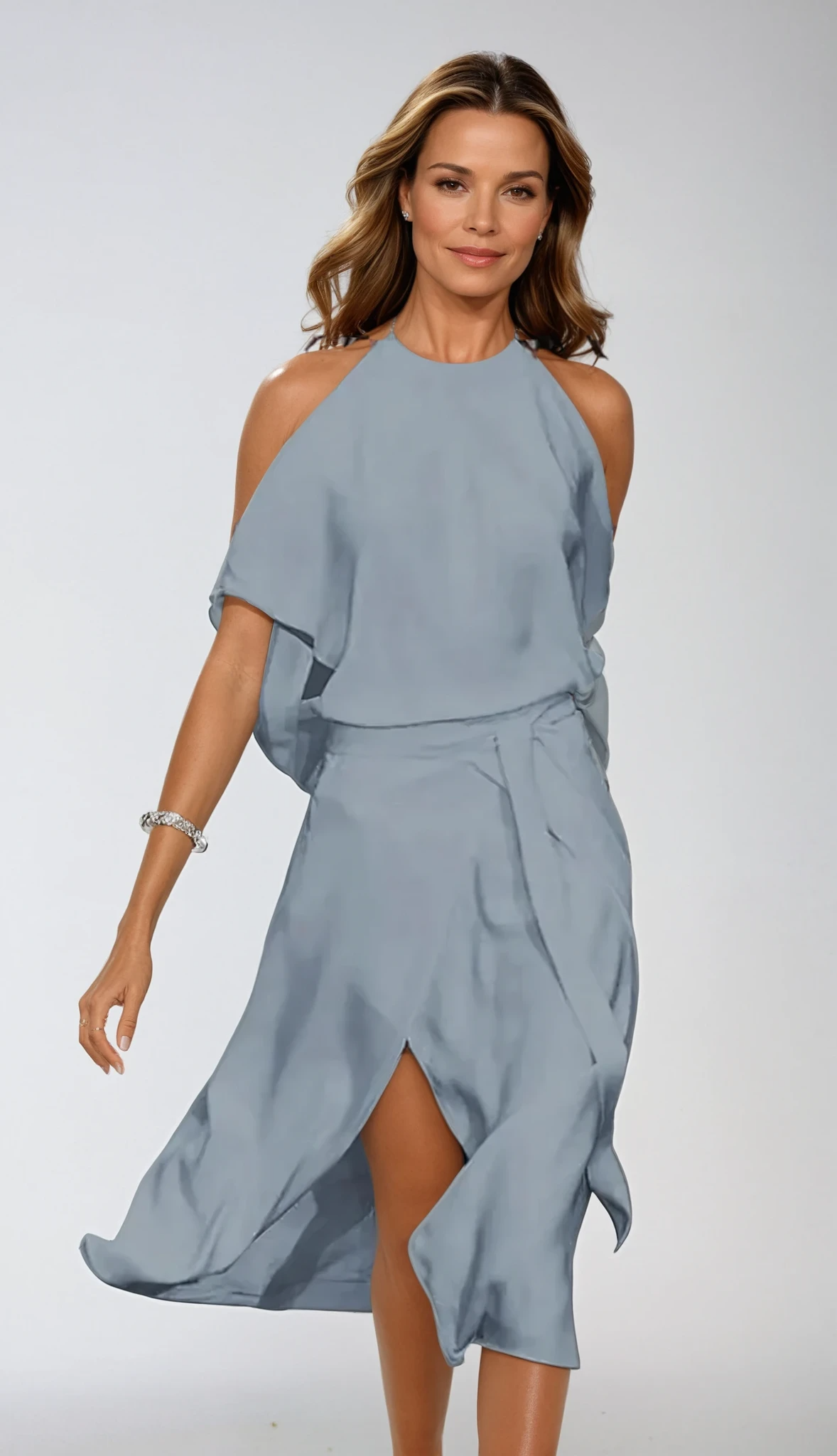 Celestine – Rochie Midi cu Umerii Goi și Tiv Asimetric