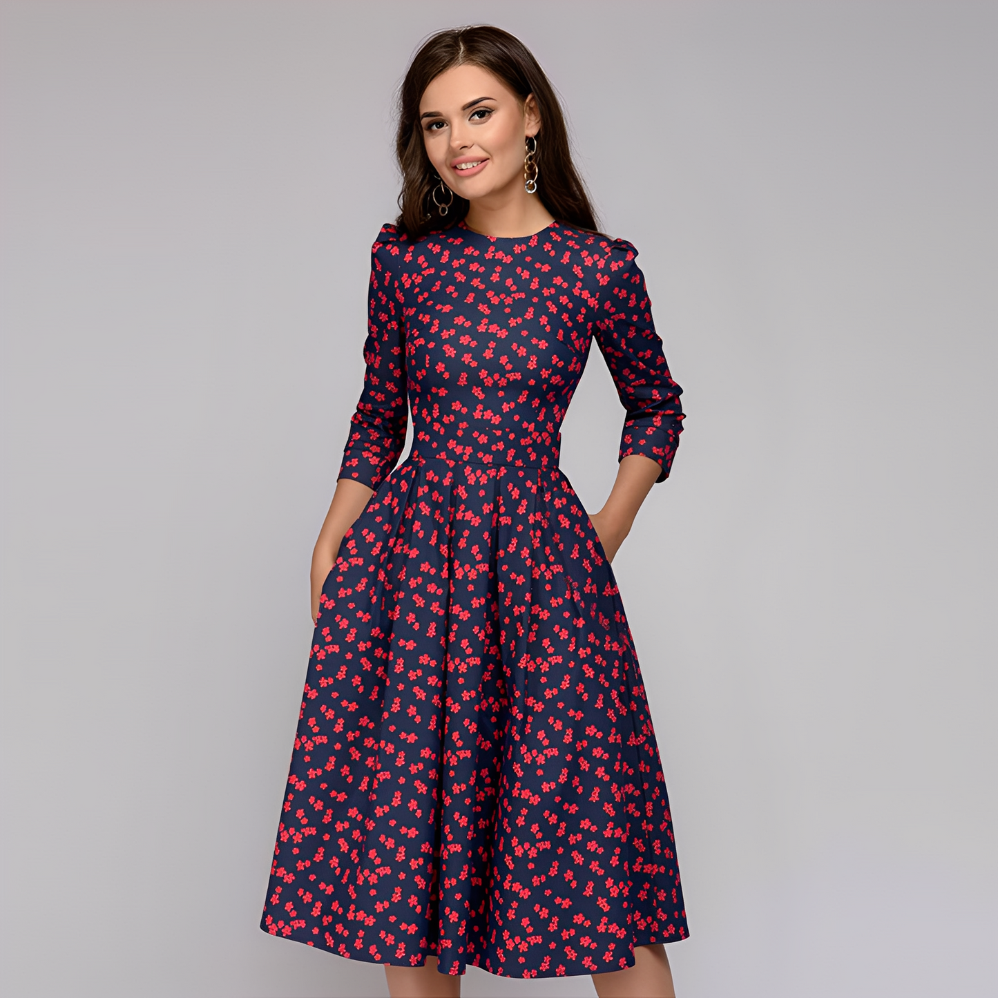 Elisabeth - Rochie stilată, cu mâneci lungi și model floral pentru femei