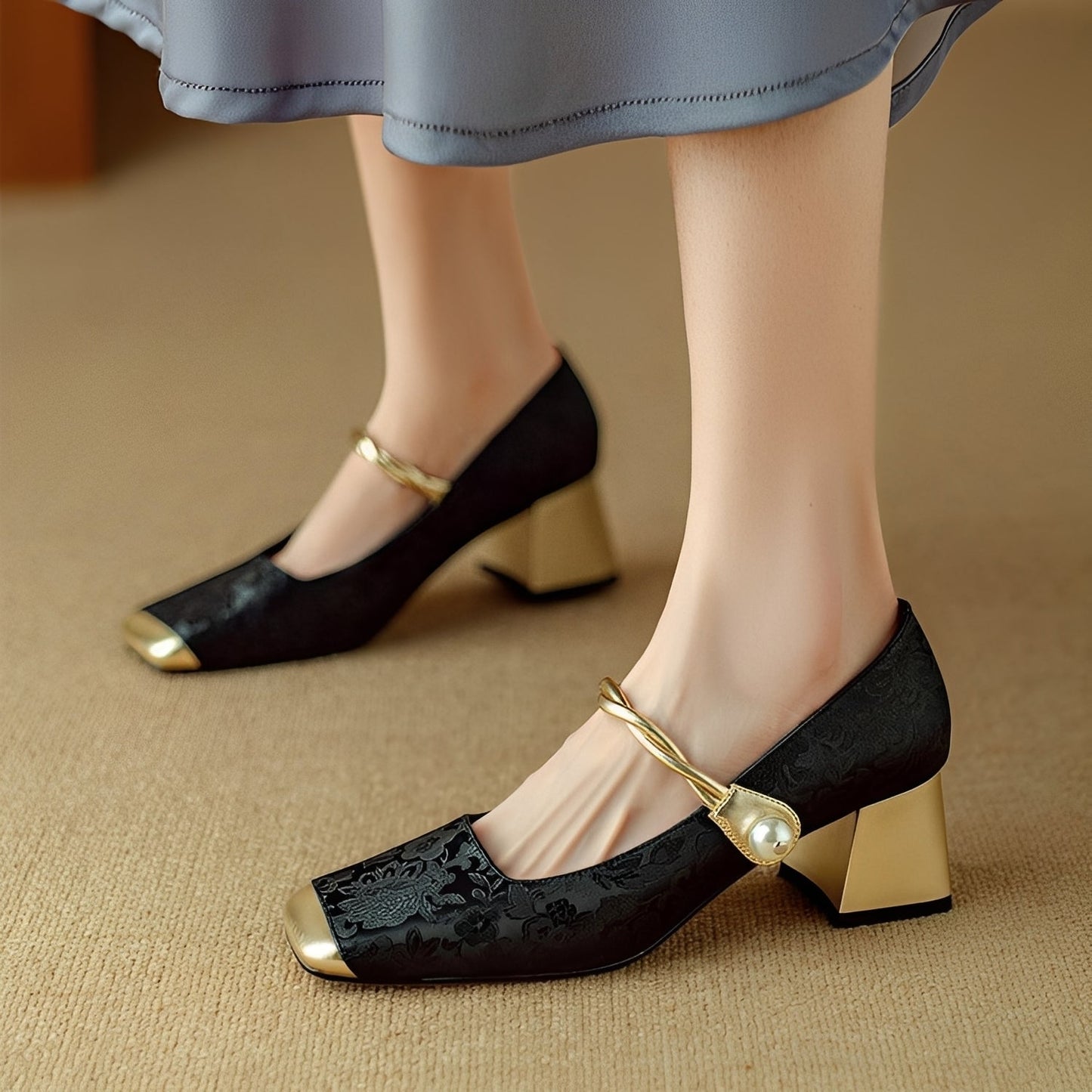 Rhonda - Eleganți pantofi de lux cu toc pătrat cu embosare pentru femei