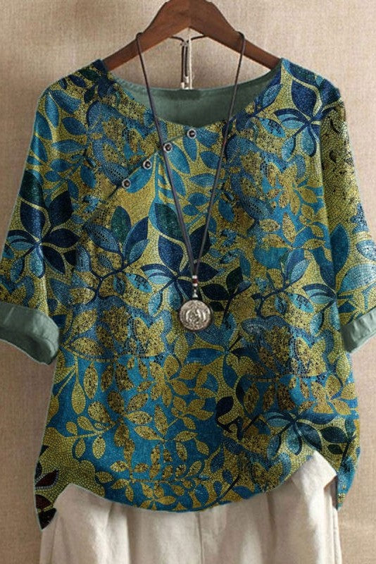 Ynna - Bluza cu Guler Rotund și Imprimeu cu Frunze