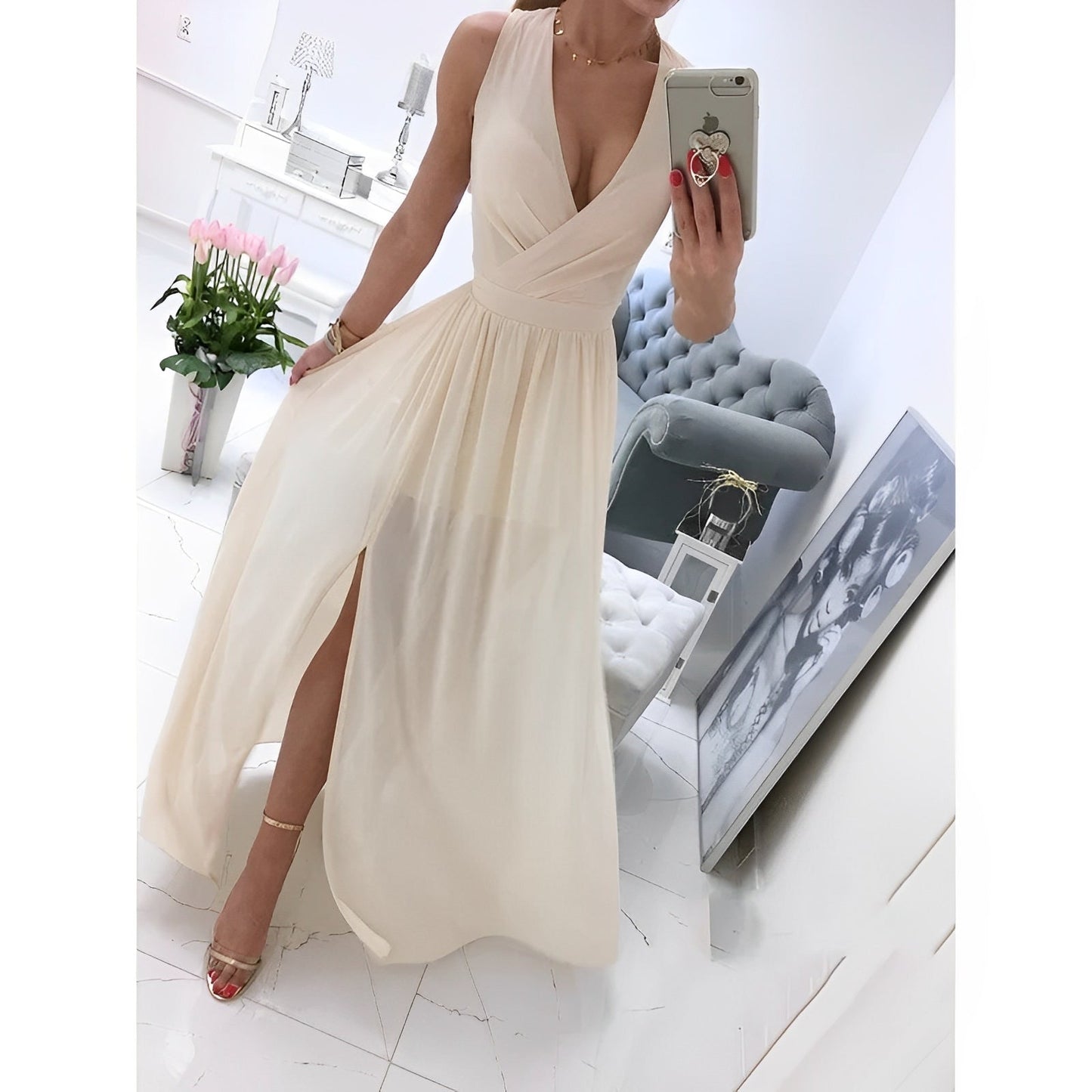 Honlou – Rochie fără mâneci din in pentru femei