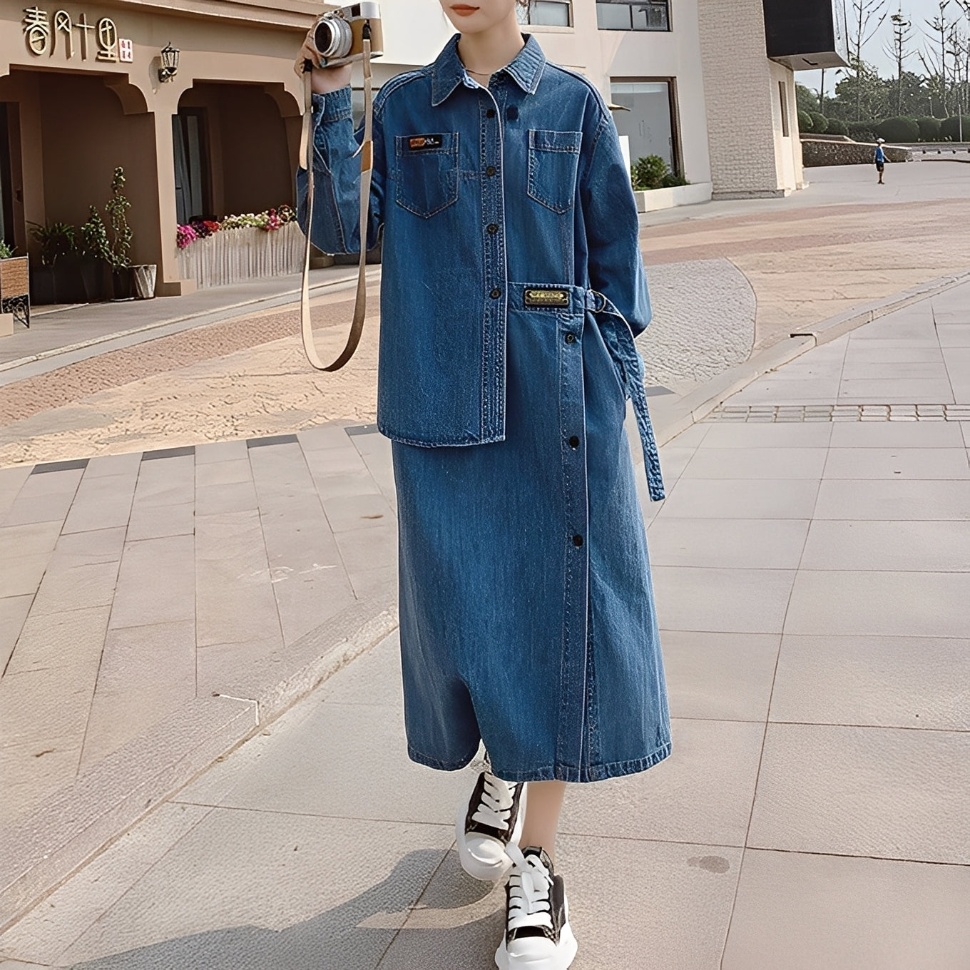 Christabel - Rochie lungă retro din jeans cu buzunare pentru femei