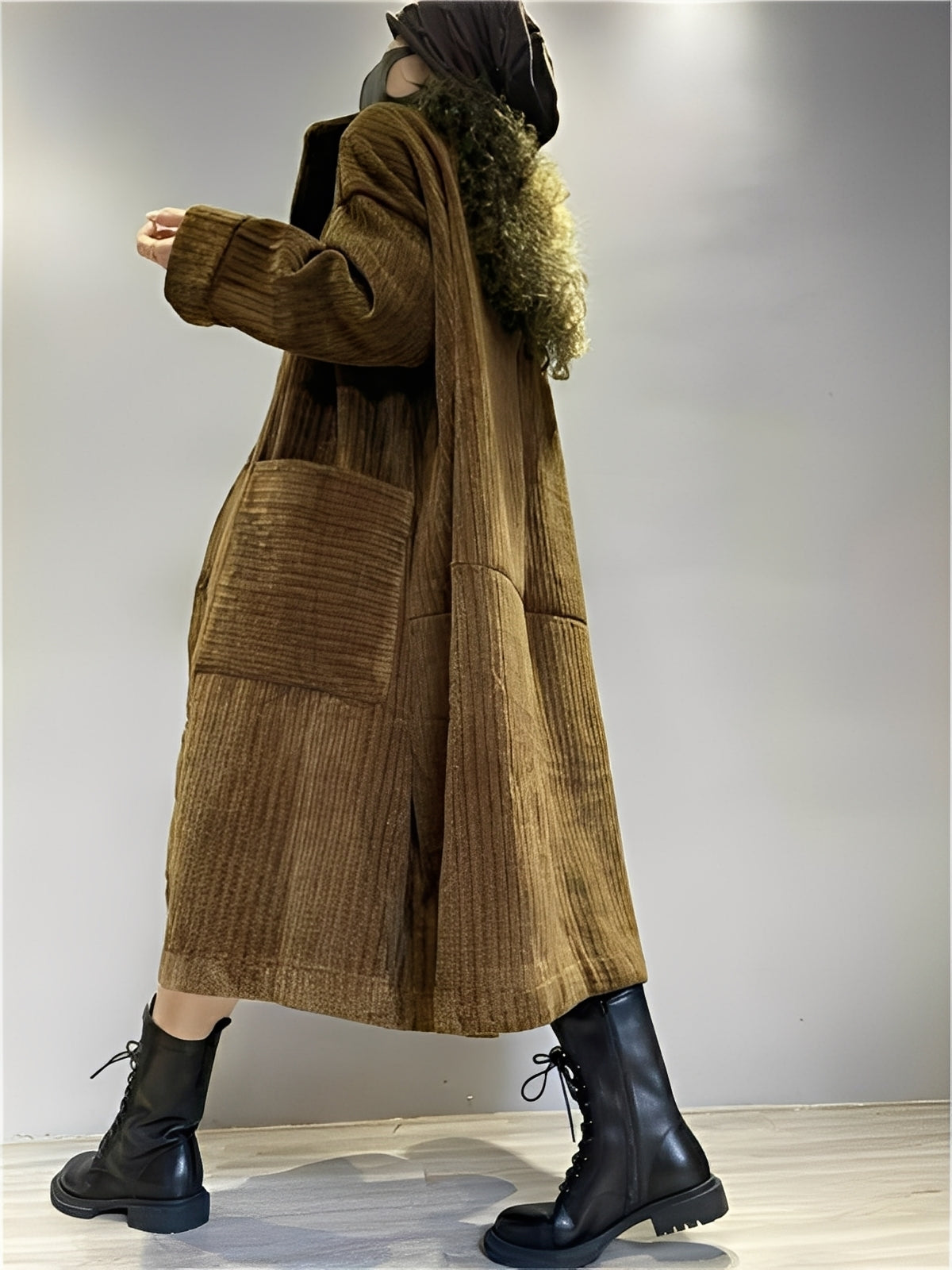 Alethea - Jacheta lunga casual din cord cu buzunare pentru femei