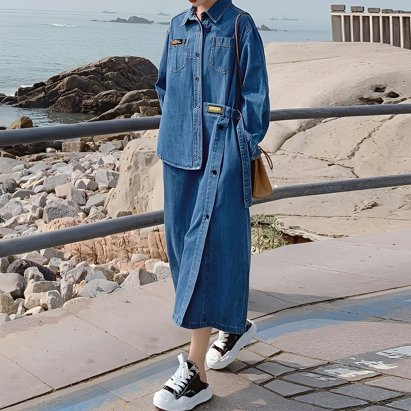 Christabel - Rochie lungă retro din jeans cu buzunare pentru femei