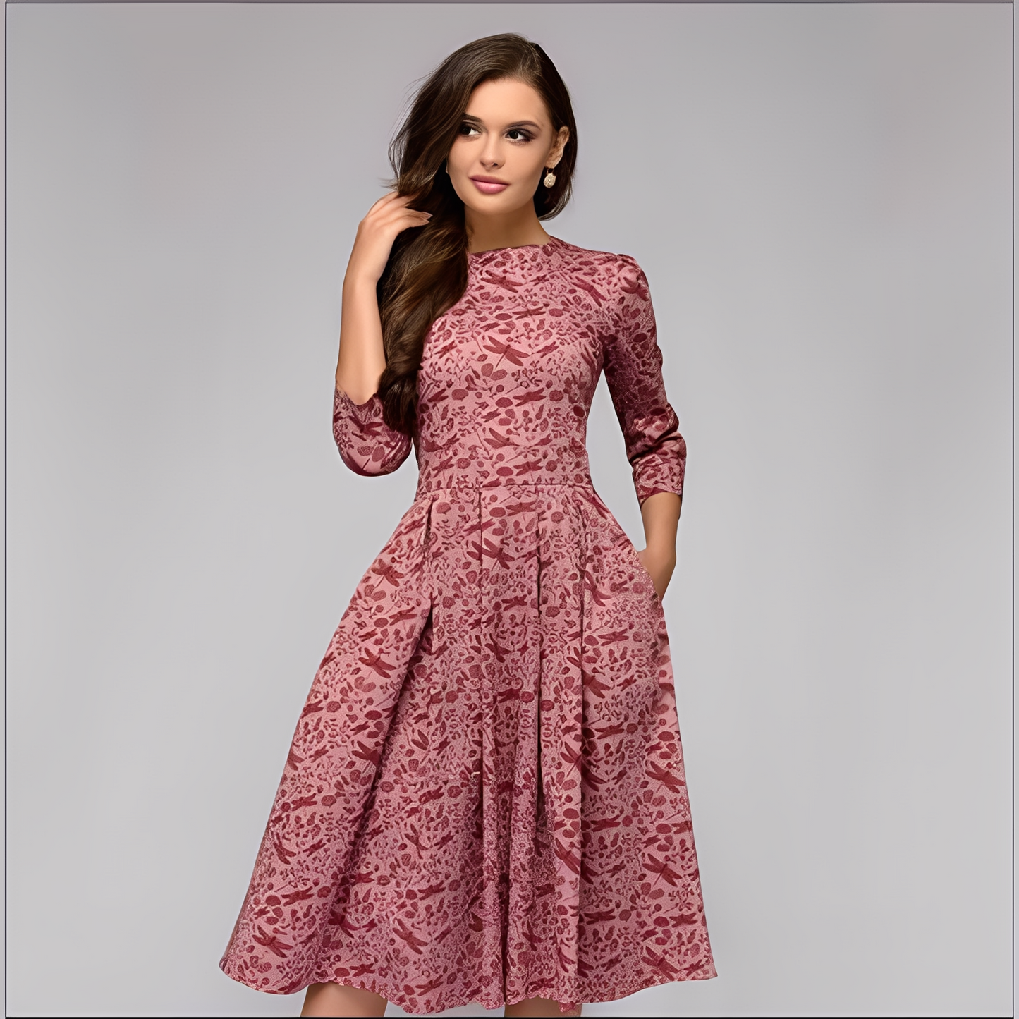 Elisabeth - Rochie stilată, cu mâneci lungi și model floral pentru femei