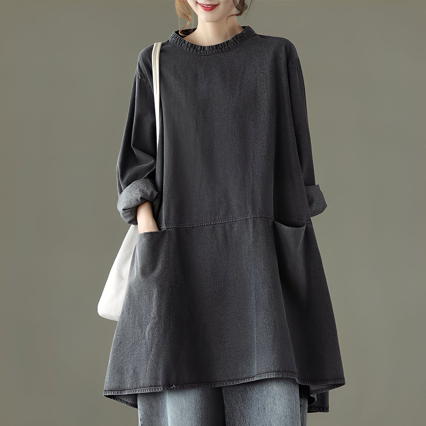 Valerie - Rochie maxi casual din denim cu buzunare pentru femei