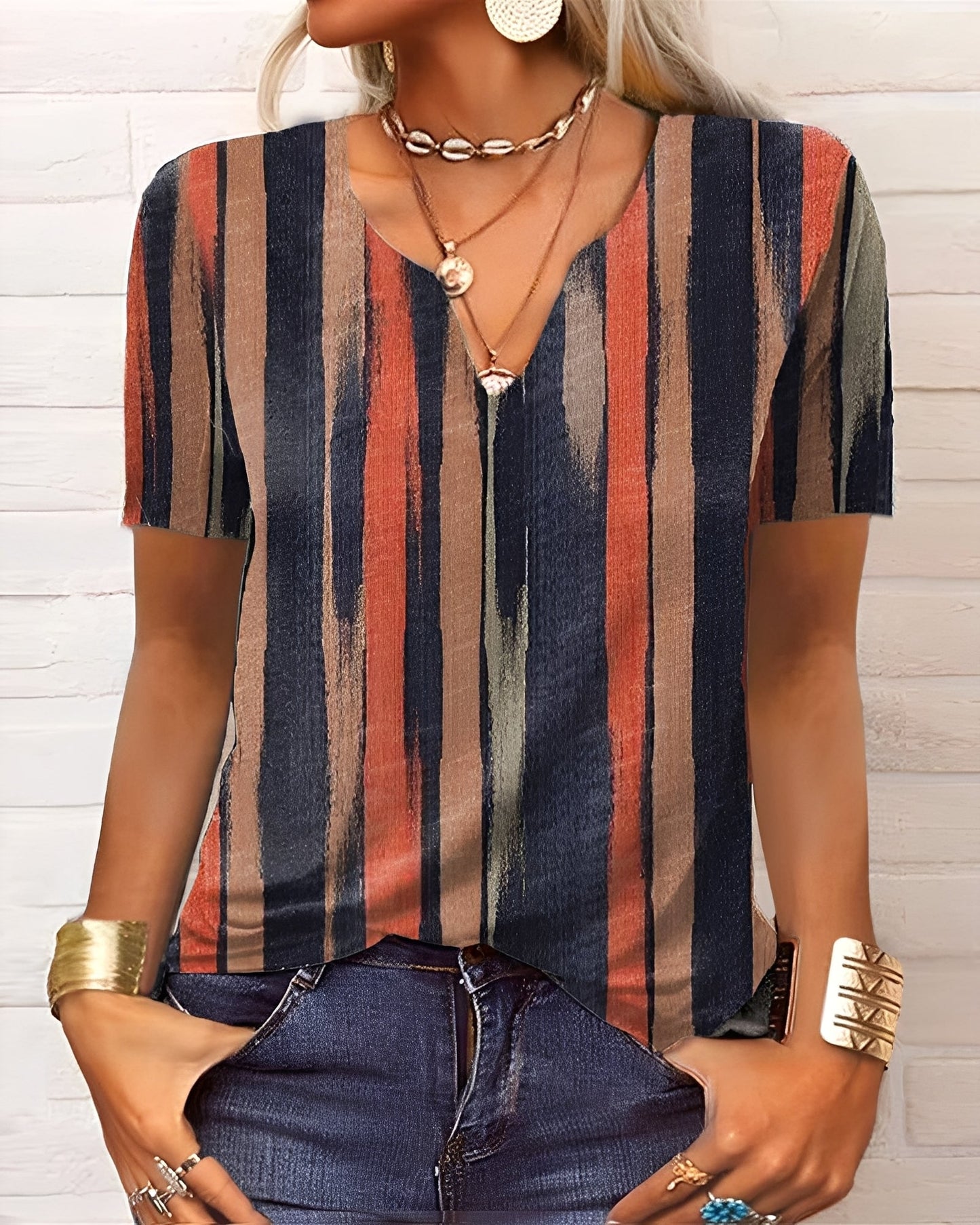 Denise - Bluza Boho cu decolteu în V și nasturi pentru femei