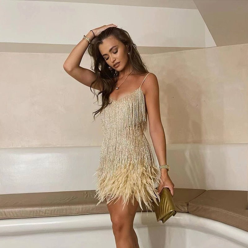 Meera - Rochie Scurtă de Petrecere Pene, Elegant & Atragător