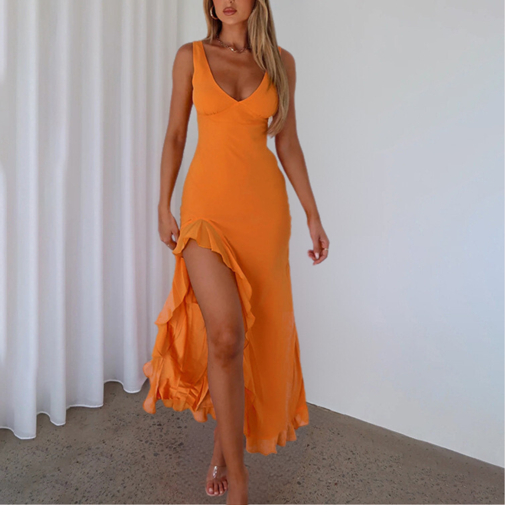 Elisheva - Rochie Maxi Elegantă cu Decolteu în V, Asimetrică