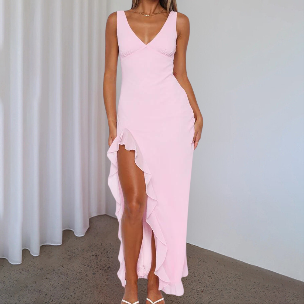 Elisheva - Rochie Maxi Elegantă cu Decolteu în V, Asimetrică