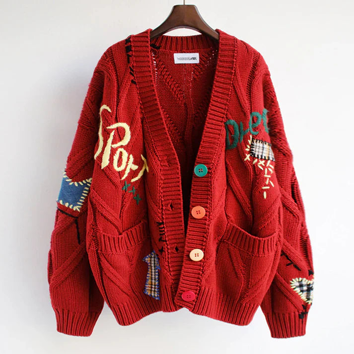 Pirena - Cardigan Tricotat Elegant cu Detalii Unice în Patchwork