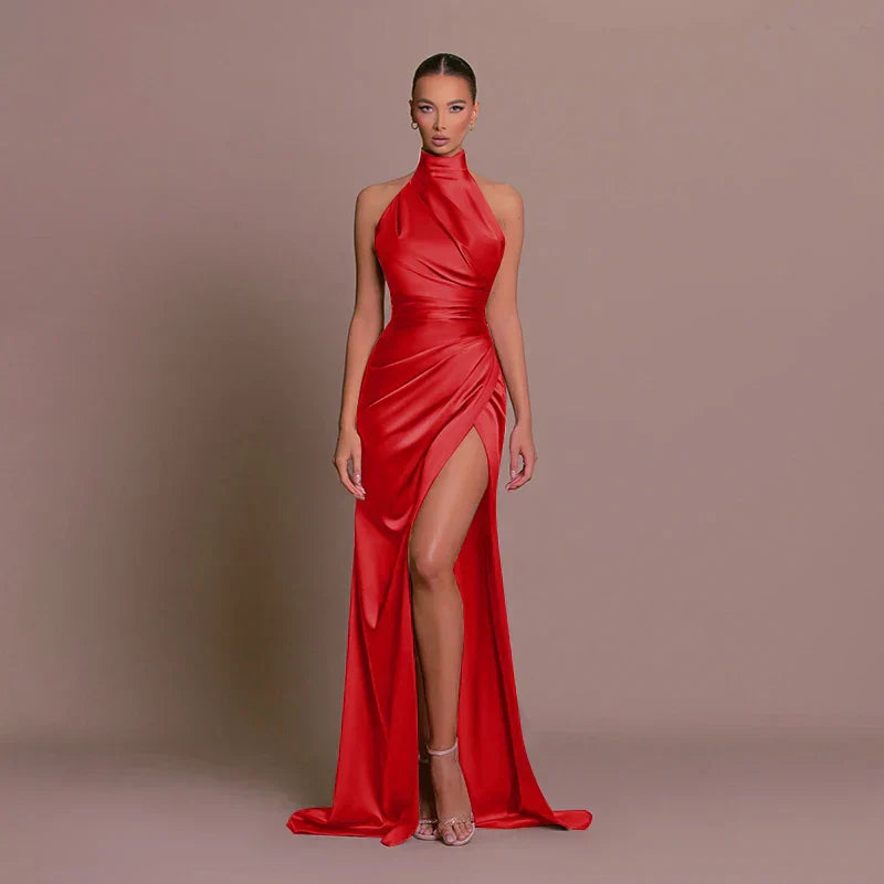 Avigail - Elegantă Rochie de Seară din Satin, Deschizătură Înaltă