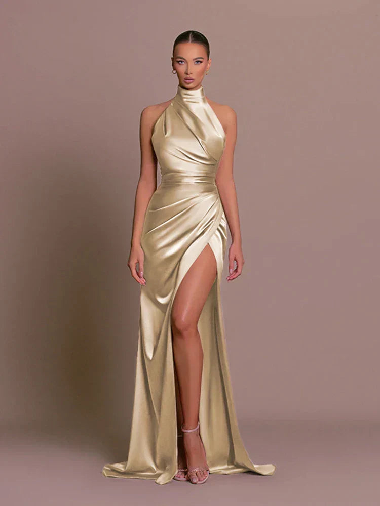 Avigail - Elegantă Rochie de Seară din Satin, Deschizătură Înaltă