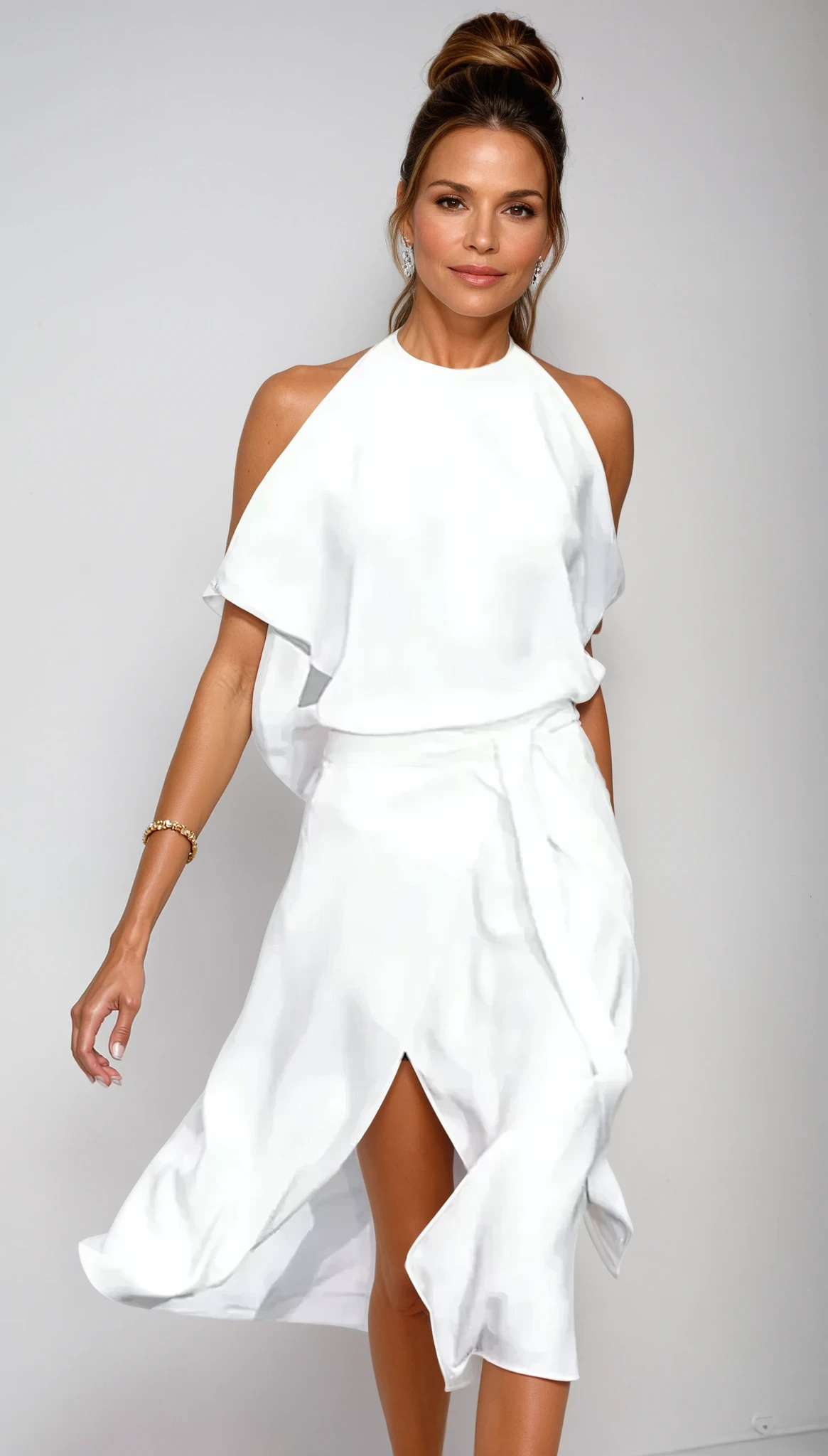 Celestine – Rochie Midi cu Umerii Goi și Tiv Asimetric