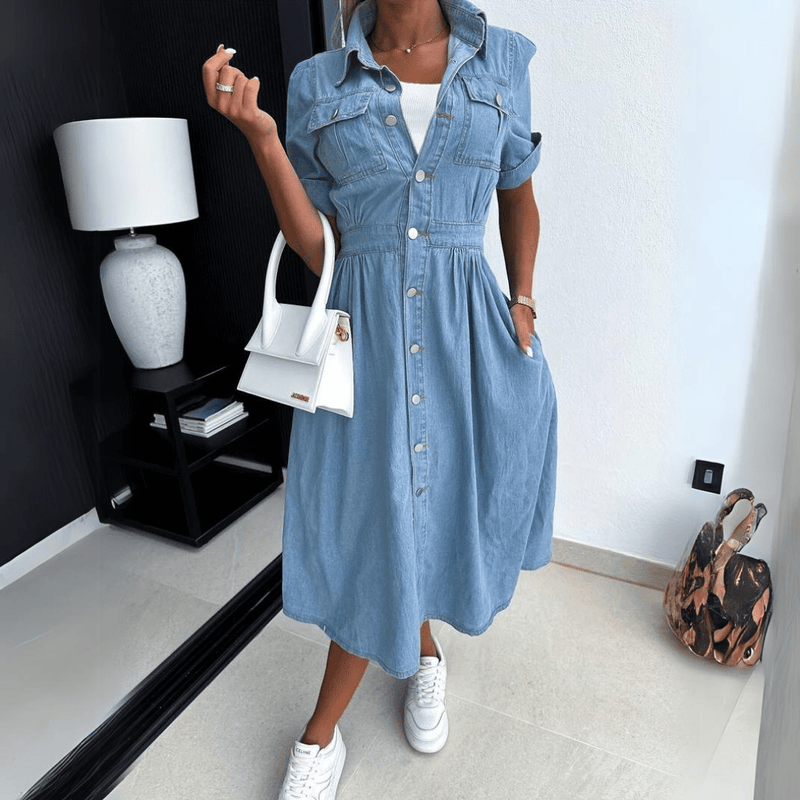 Harlee - Rochie din Denim Stilată în Lungime Midi pentru Femei