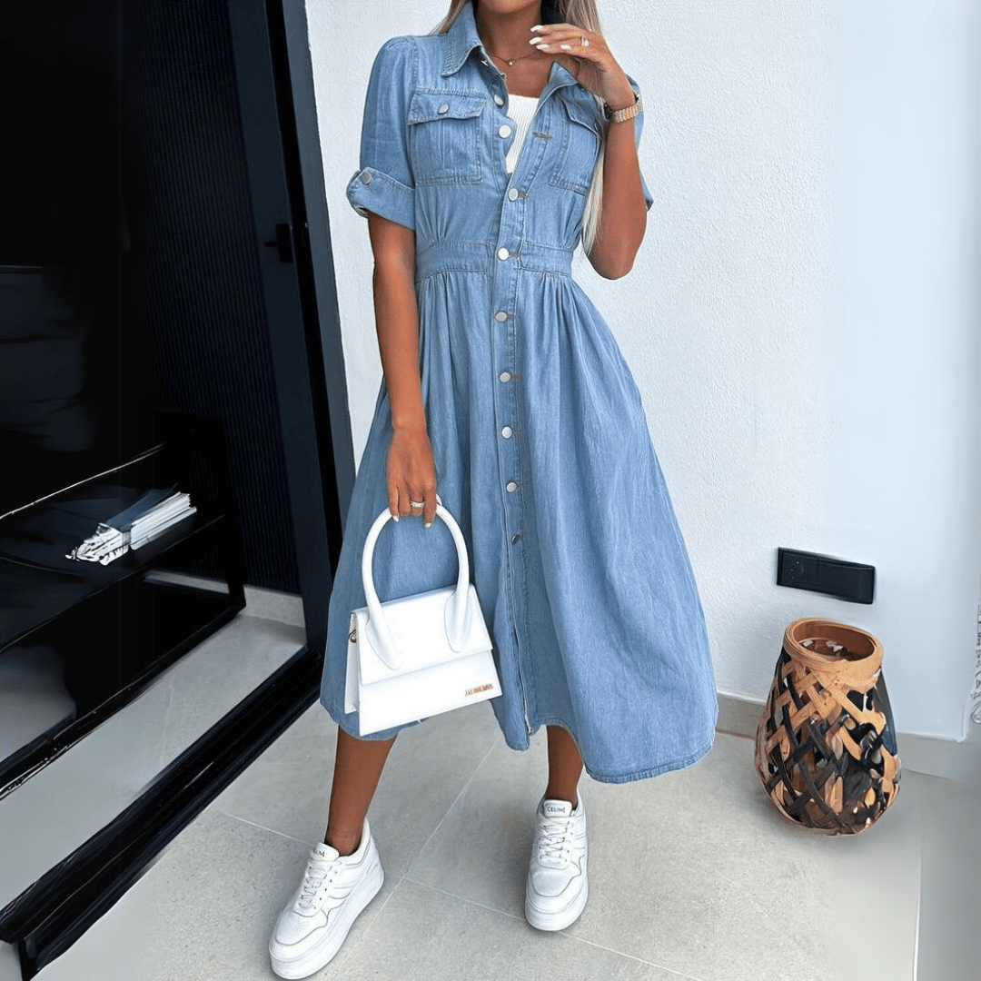 Harlee - Rochie din Denim Stilată în Lungime Midi pentru Femei
