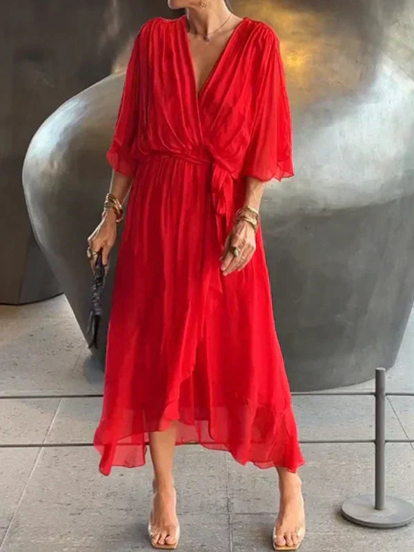 Kryziah - Elegant Rochie de Mătase cu Decolteu în V