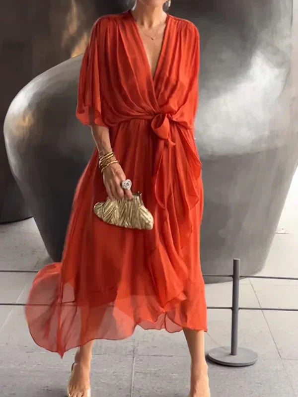 Kryziah - Elegant Rochie de Mătase cu Decolteu în V