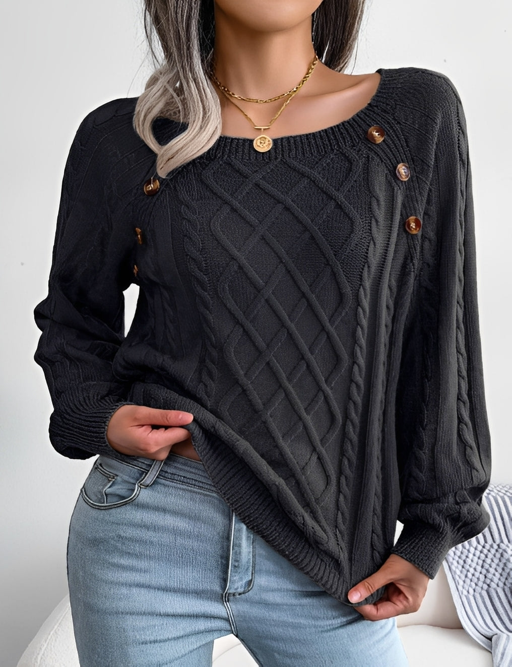 Sally - Pulover tricotat stilat cu design cu nasturi pentru femei