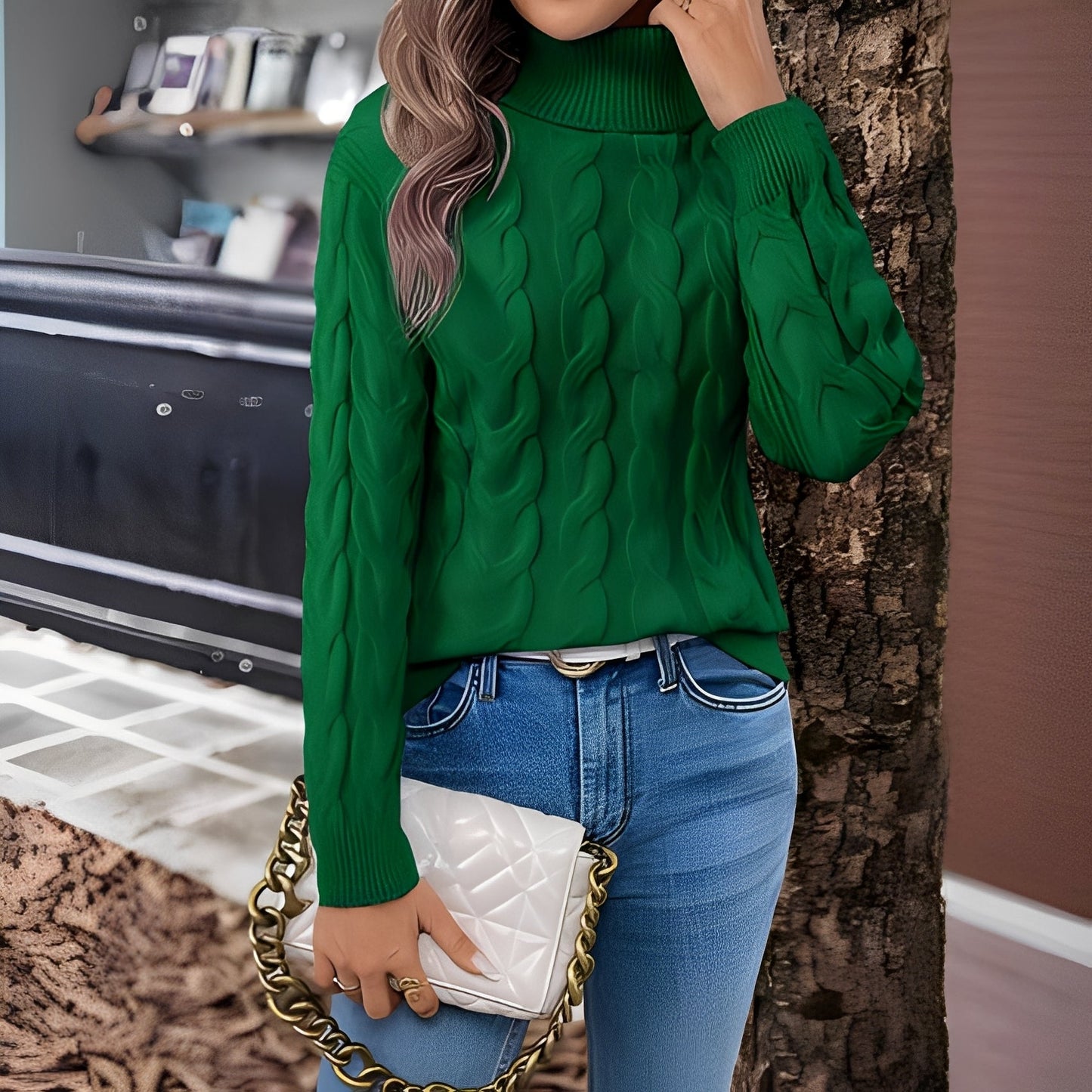 Amélie - Pulover feminin din bumbac călduros cu guler înalt