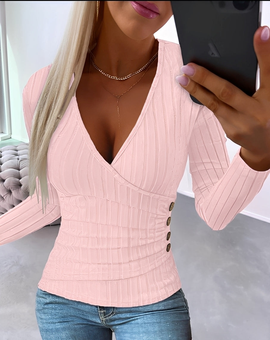 Annie - Pulover lejer cu dungi și decolteu în V pentru femei