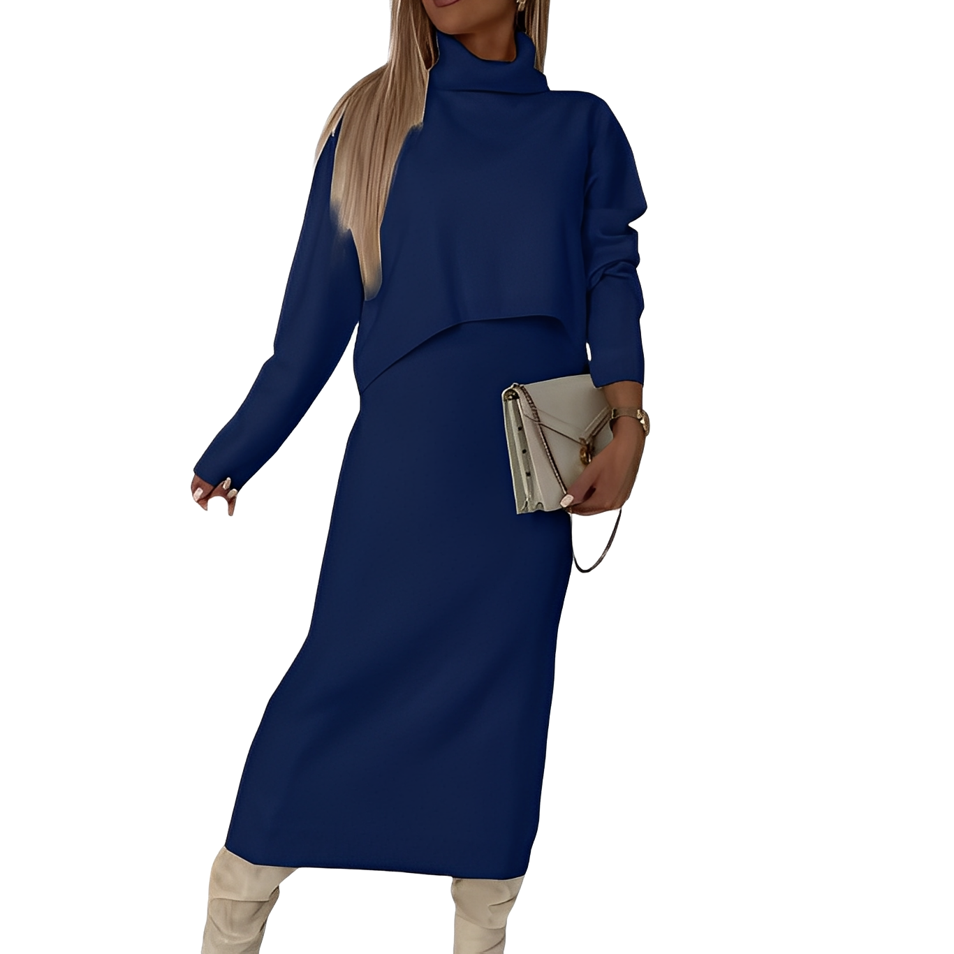 Natalee - Set stilat din pulover cu guler rulat și fustă pentru doamne