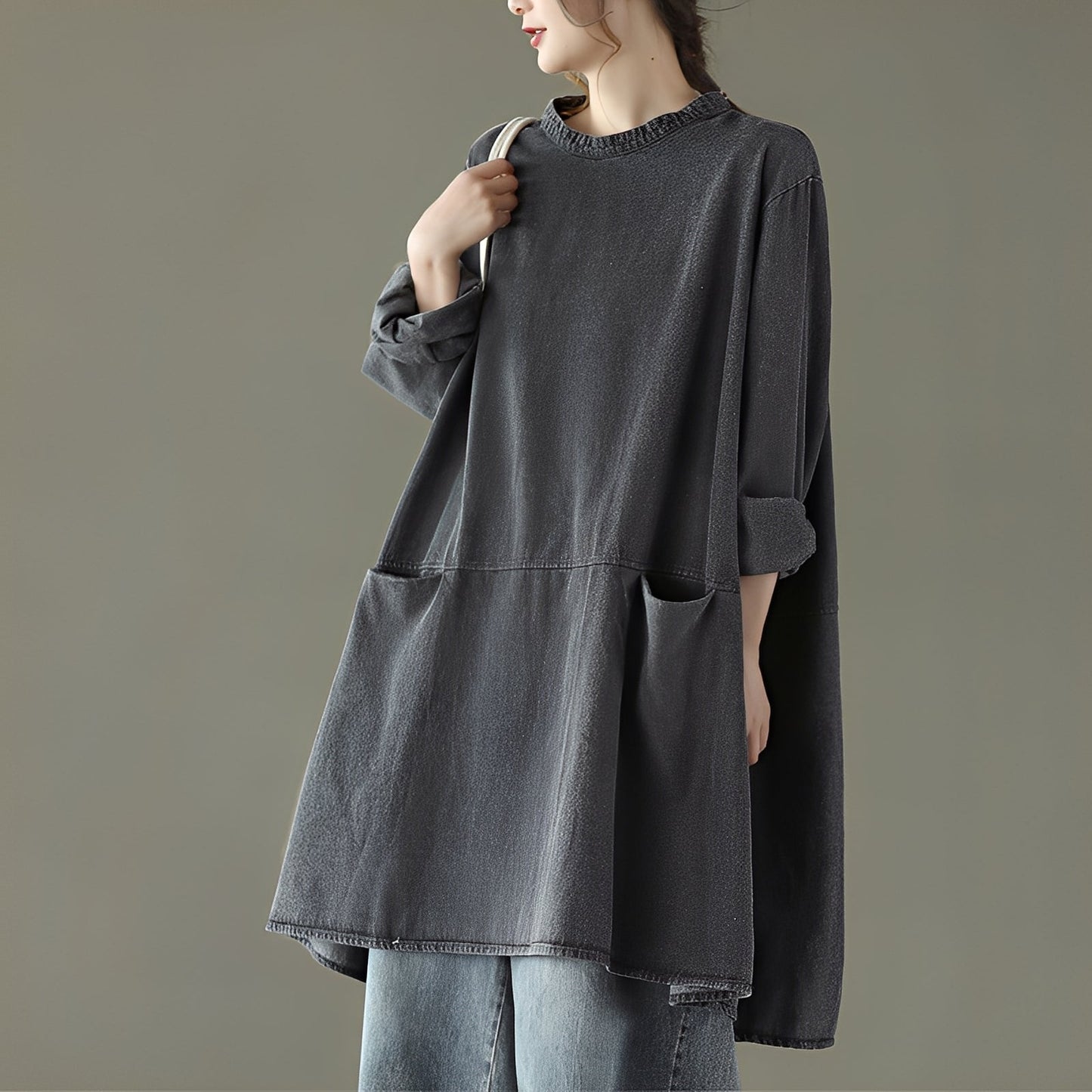 Valerie - Rochie maxi casual din denim cu buzunare pentru femei