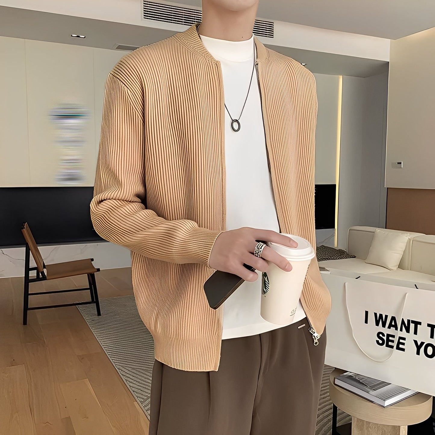 Damon - Pulover retro tricotat cu fermoar pentru bărbați