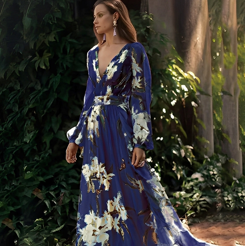 Karine - Rochie lungă sofisticată cu decolteu în V pentru femei