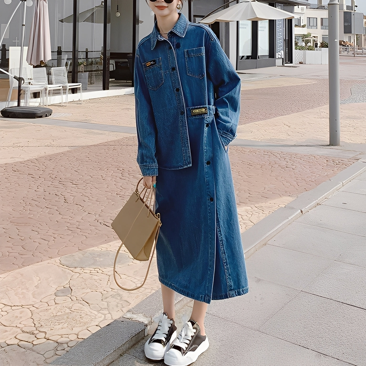 Christabel - Rochie lungă retro din jeans cu buzunare pentru femei