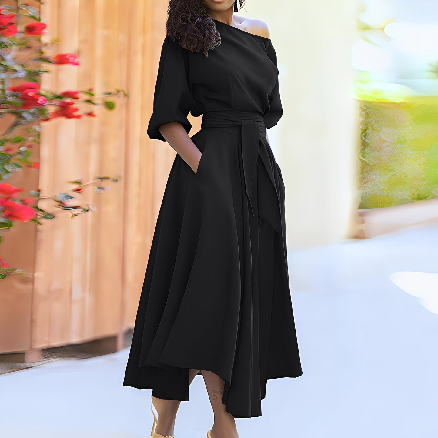 Dahlia - Rochie elegantă fără umeri cu curea pentru femei