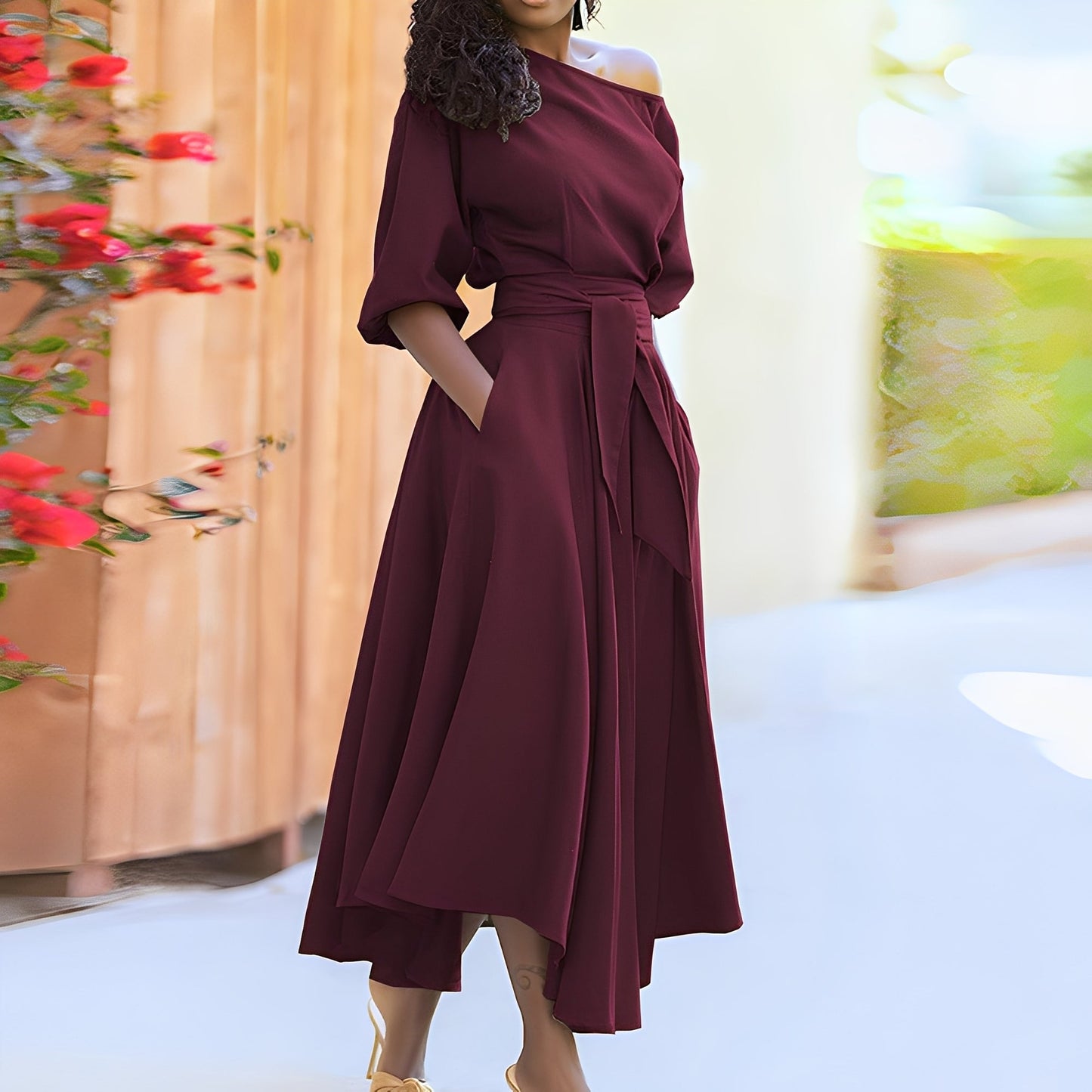 Dahlia - Rochie elegantă fără umeri cu curea pentru femei