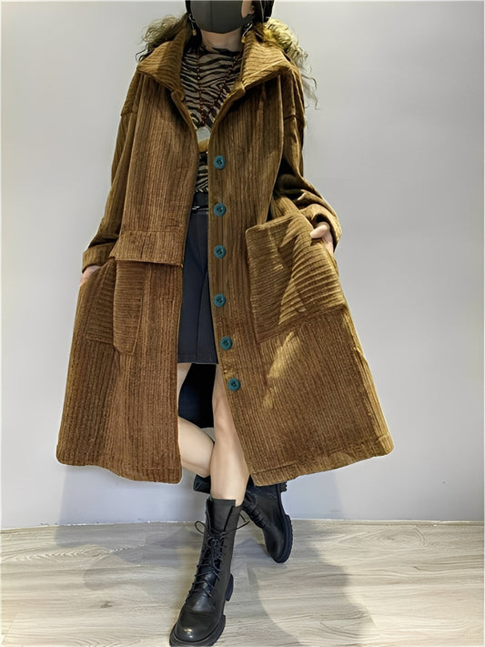 Alethea - Jacheta lunga casual din cord cu buzunare pentru femei