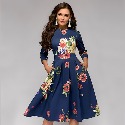 Elisabeth - Rochie stilată, cu mâneci lungi și model floral pentru femei