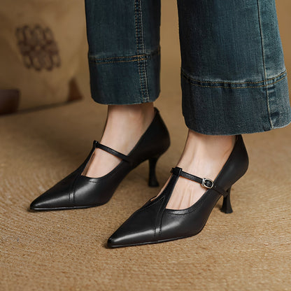 Josie - Eleganți pantofi cu toc din piele cu cataramă T pentru femei