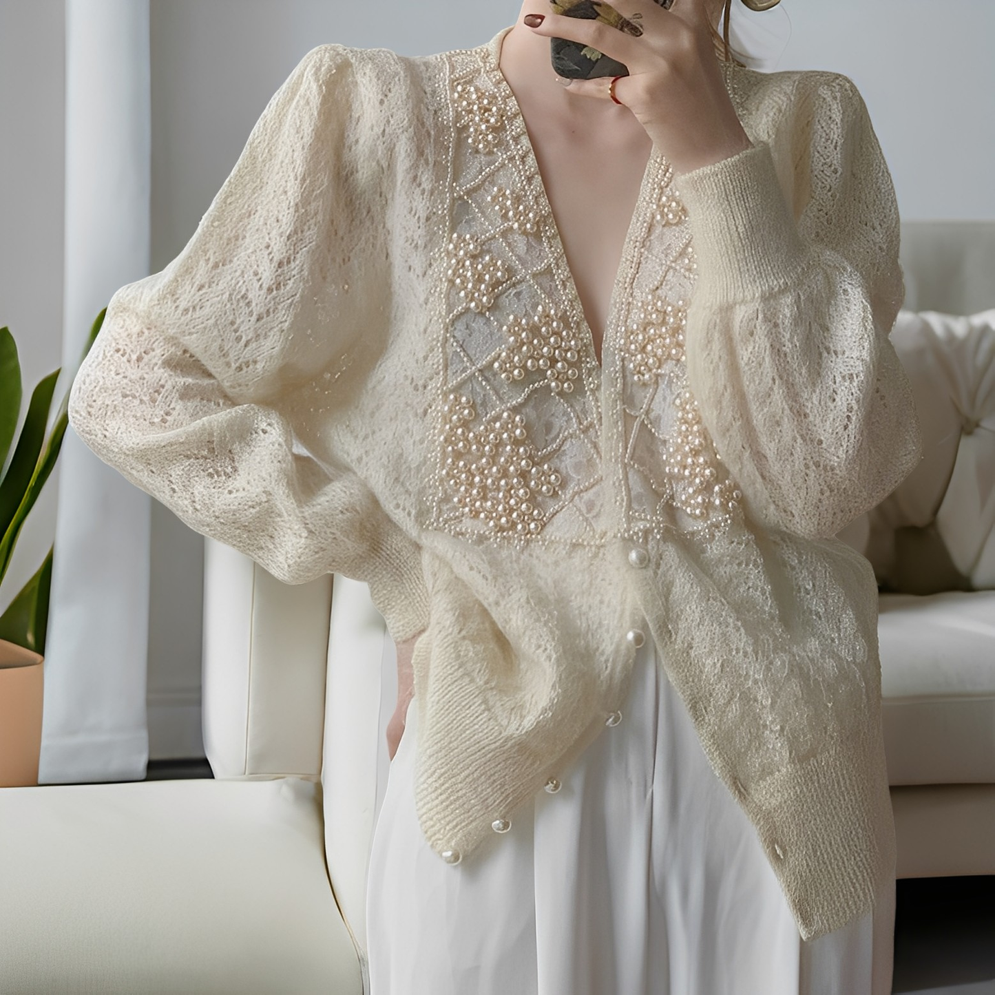 Jolie - Pulover tricotat elegant cu nasturi de sidef