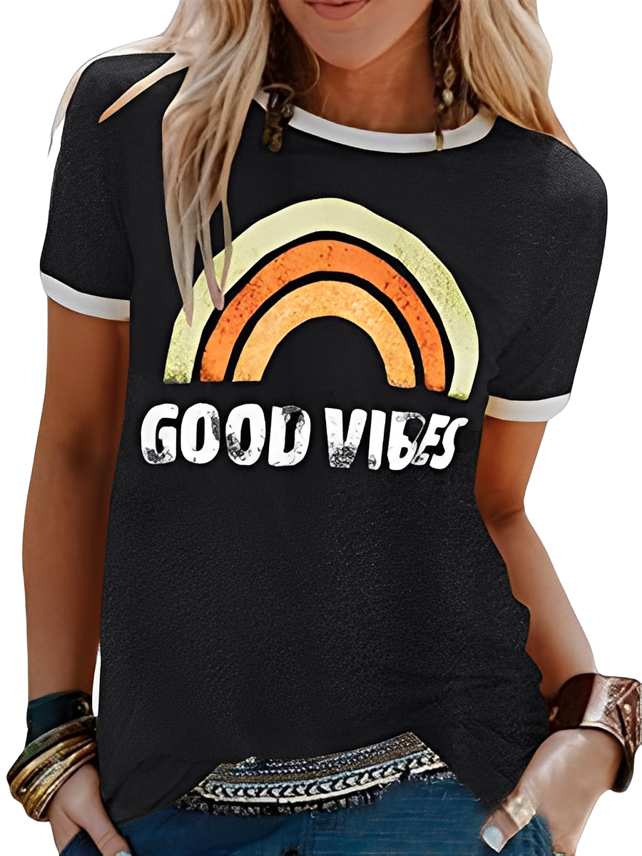 Daria - Tricou simplu cu imprimare Good Vibes pentru femei