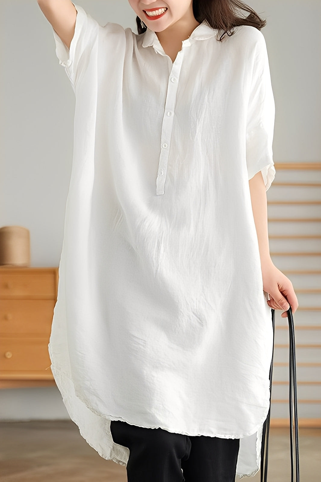 Krystina - Rochie cămașă din in lejeră pentru femei