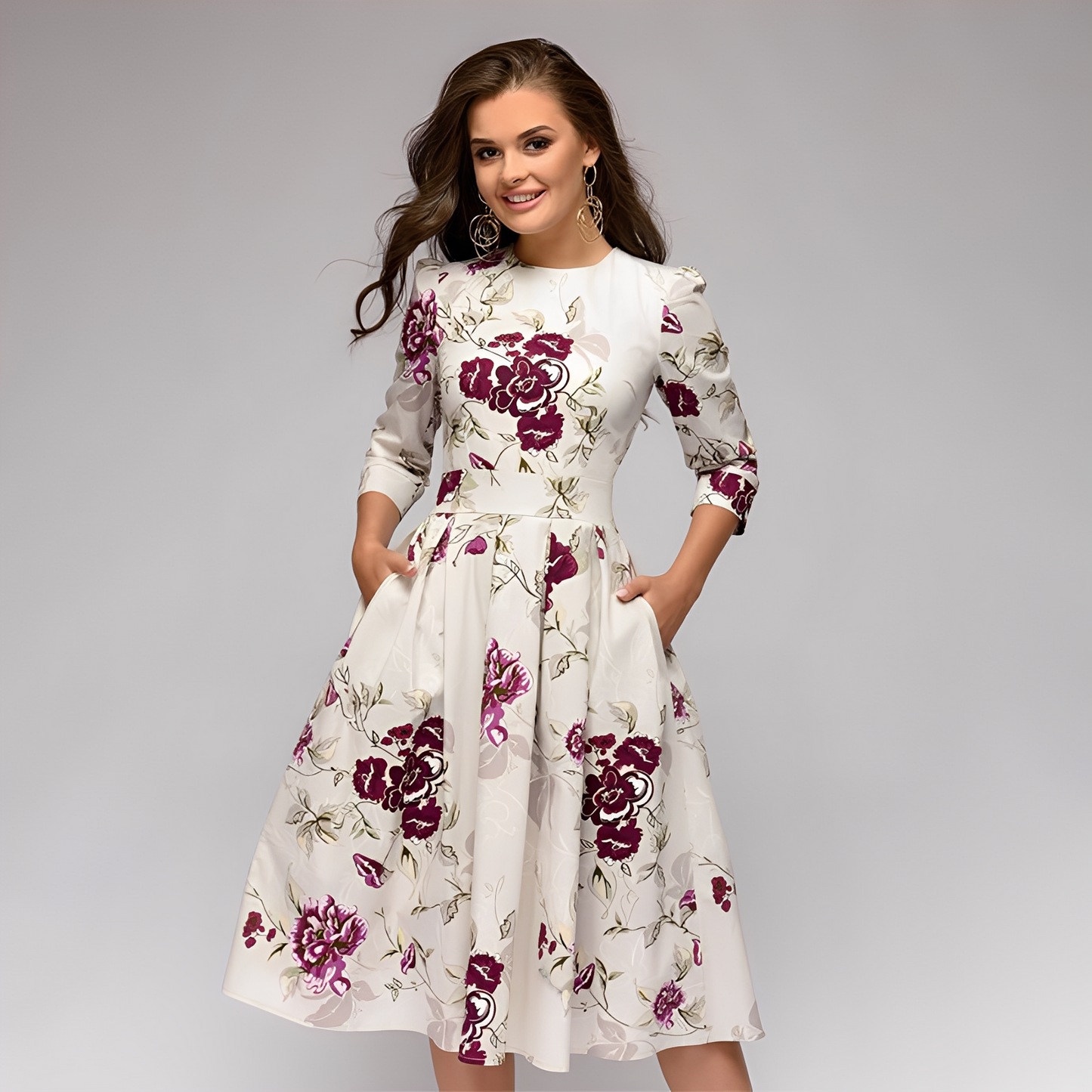 Elisabeth - Rochie stilată, cu mâneci lungi și model floral pentru femei