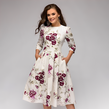 Elisabeth - Rochie stilată, cu mâneci lungi și model floral pentru femei