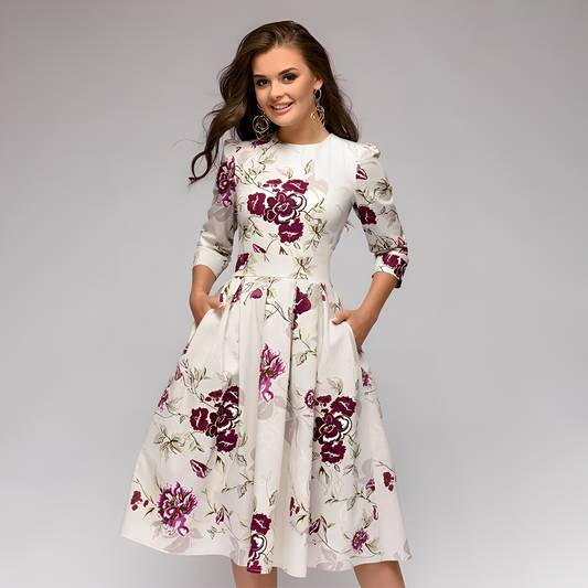 Elisabeth - Rochie stilată, cu mâneci lungi și model floral pentru femei
