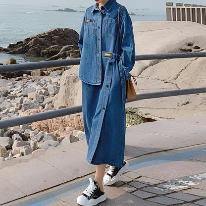 Christabel - Rochie lungă retro din jeans cu buzunare pentru femei
