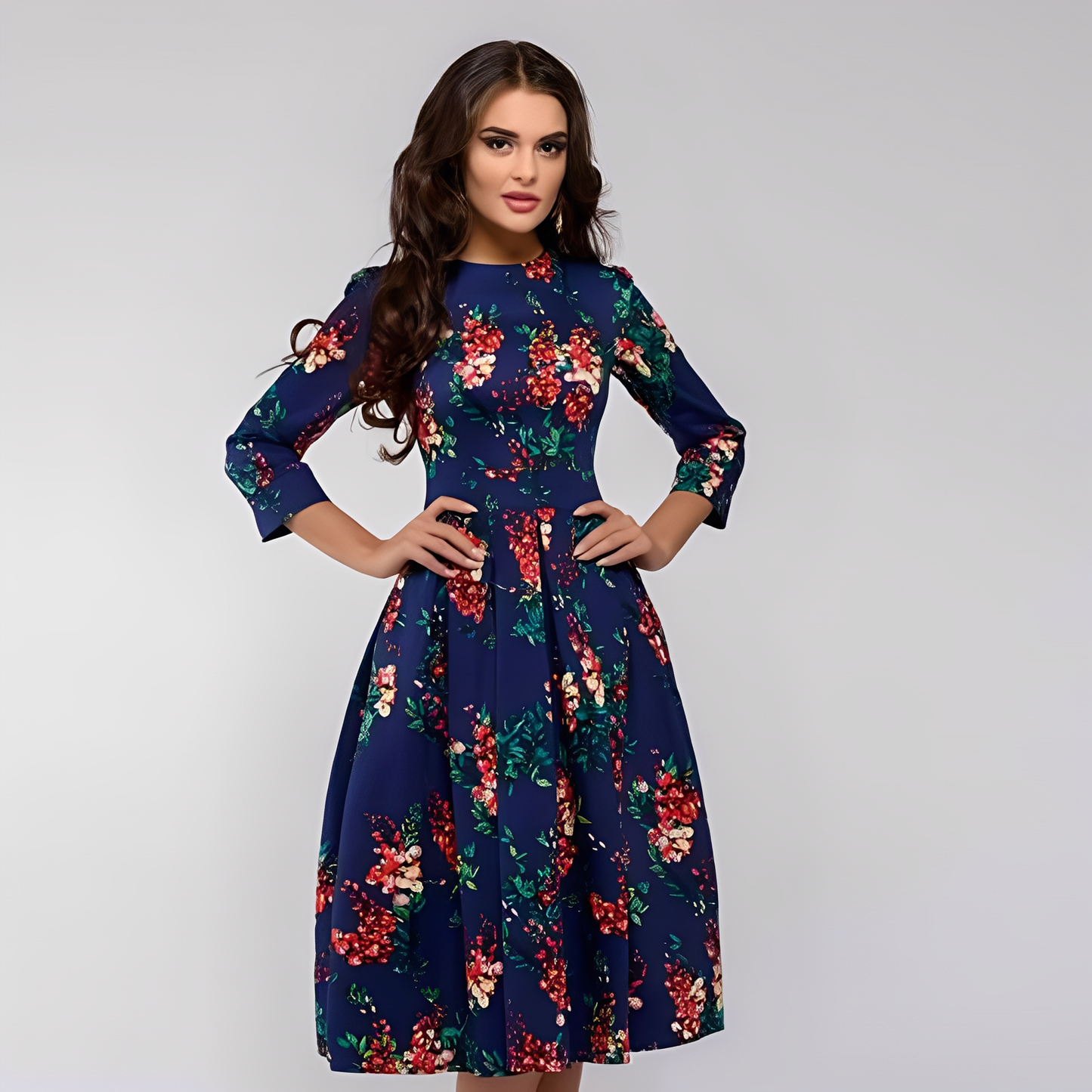 Elisabeth - Rochie stilată, cu mâneci lungi și model floral pentru femei
