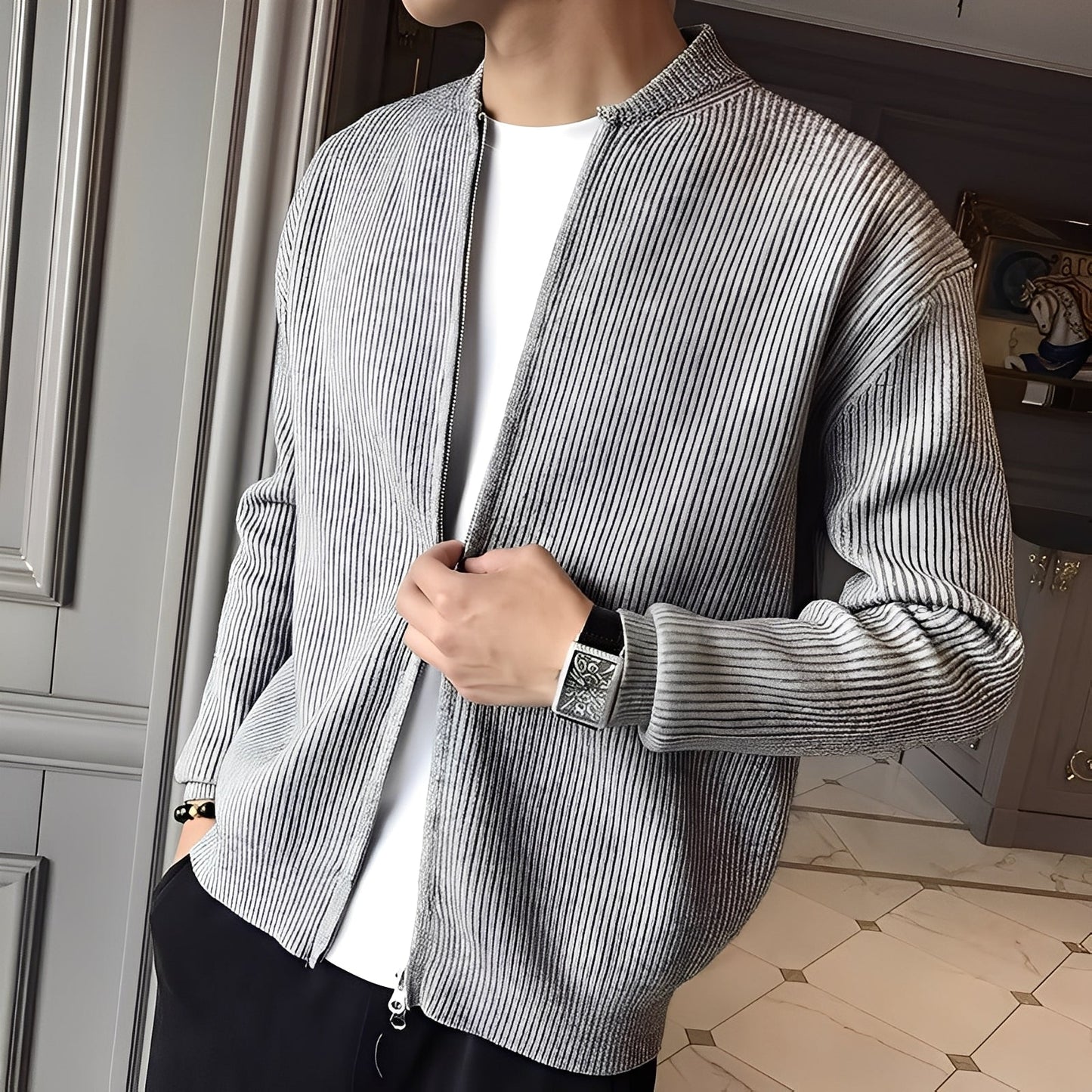 Damon - Pulover retro tricotat cu fermoar pentru bărbați