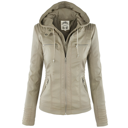 Janene - Geacă de piele casual, impermeabilă, cu glugă pentru femei