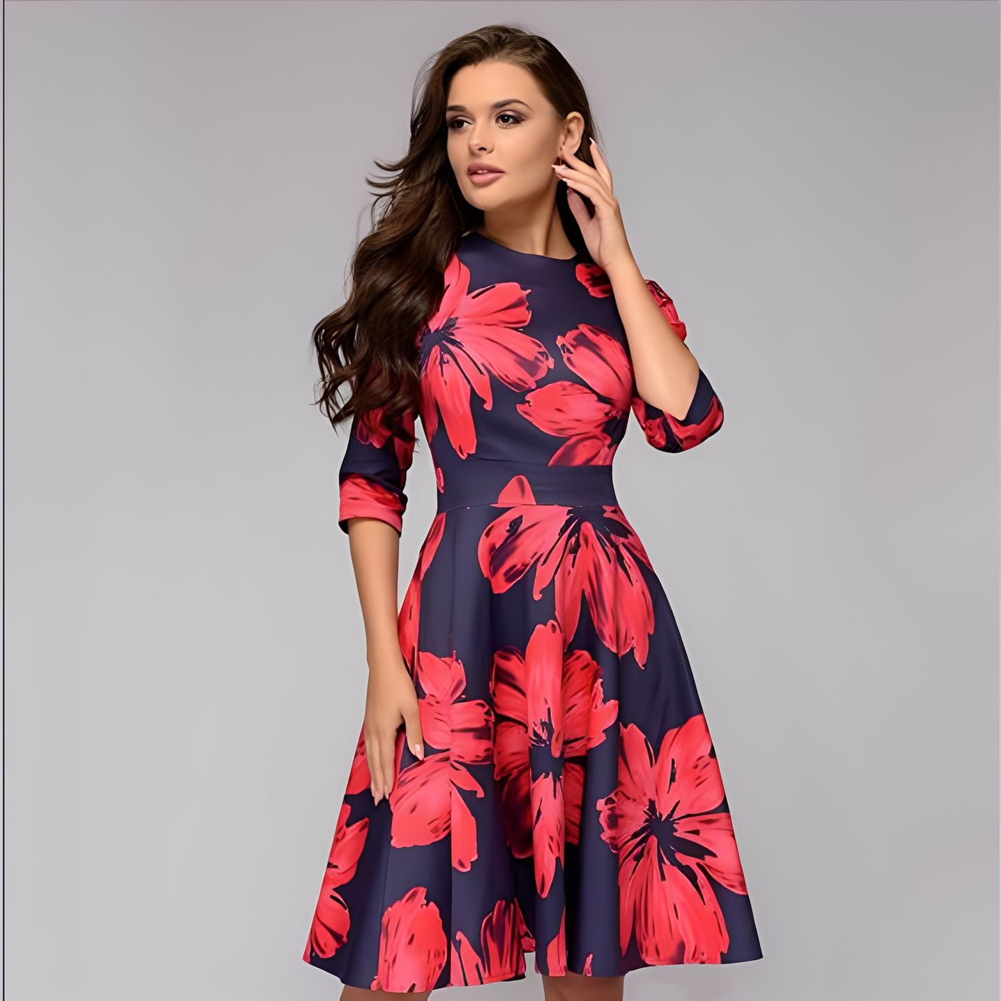 Elisabeth - Rochie stilată, cu mâneci lungi și model floral pentru femei