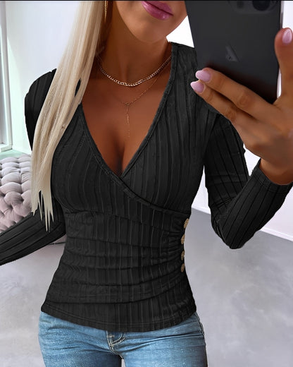 Annie - Pulover lejer cu dungi și decolteu în V pentru femei