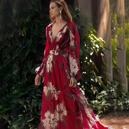 Karine - Rochie lungă sofisticată cu decolteu în V pentru femei